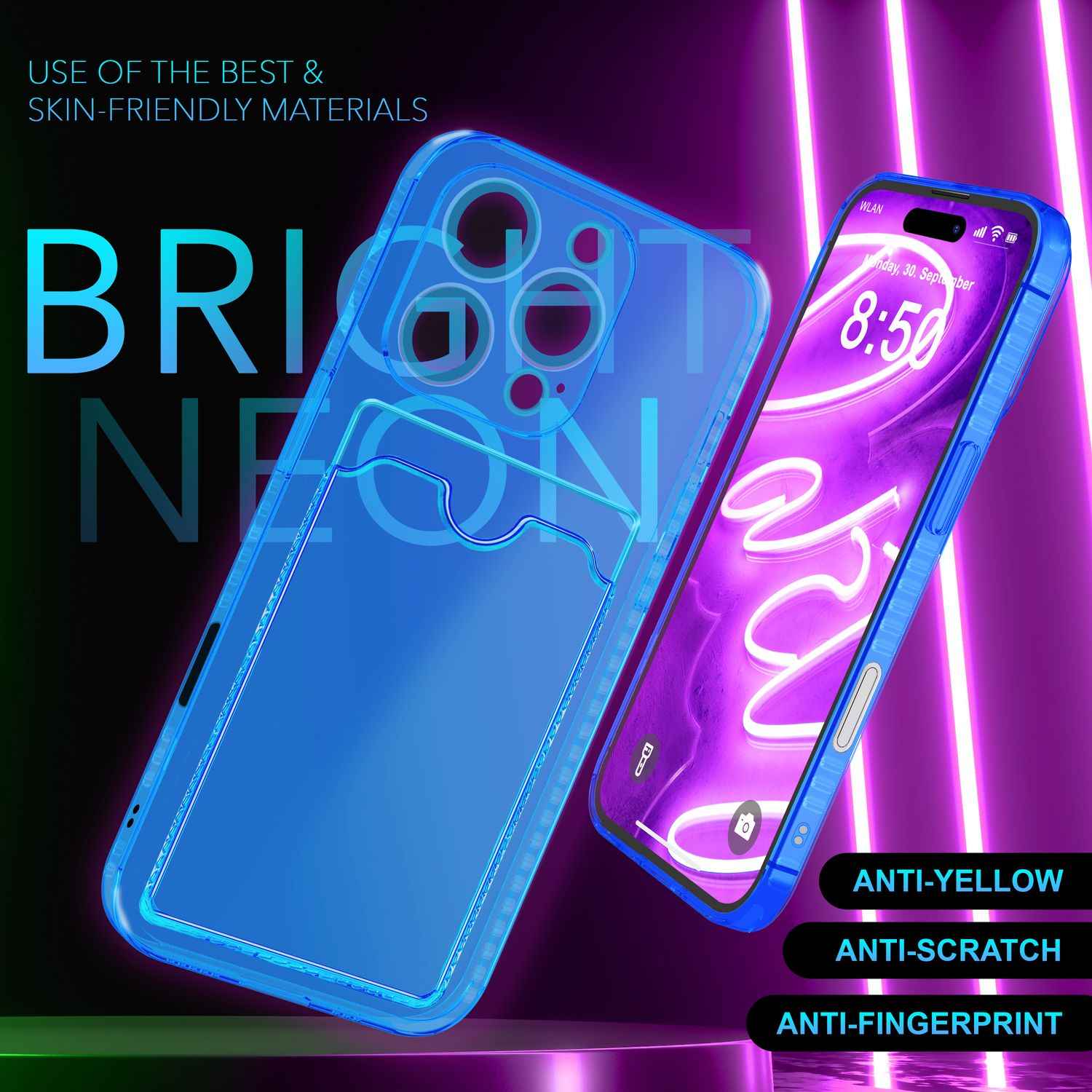 NALIA Klare Neon Hülle mit Kartenhalter für iPhone 16 Pro, Bunte Handyhülle mit Kartenfach, Silikon Durchsichtig