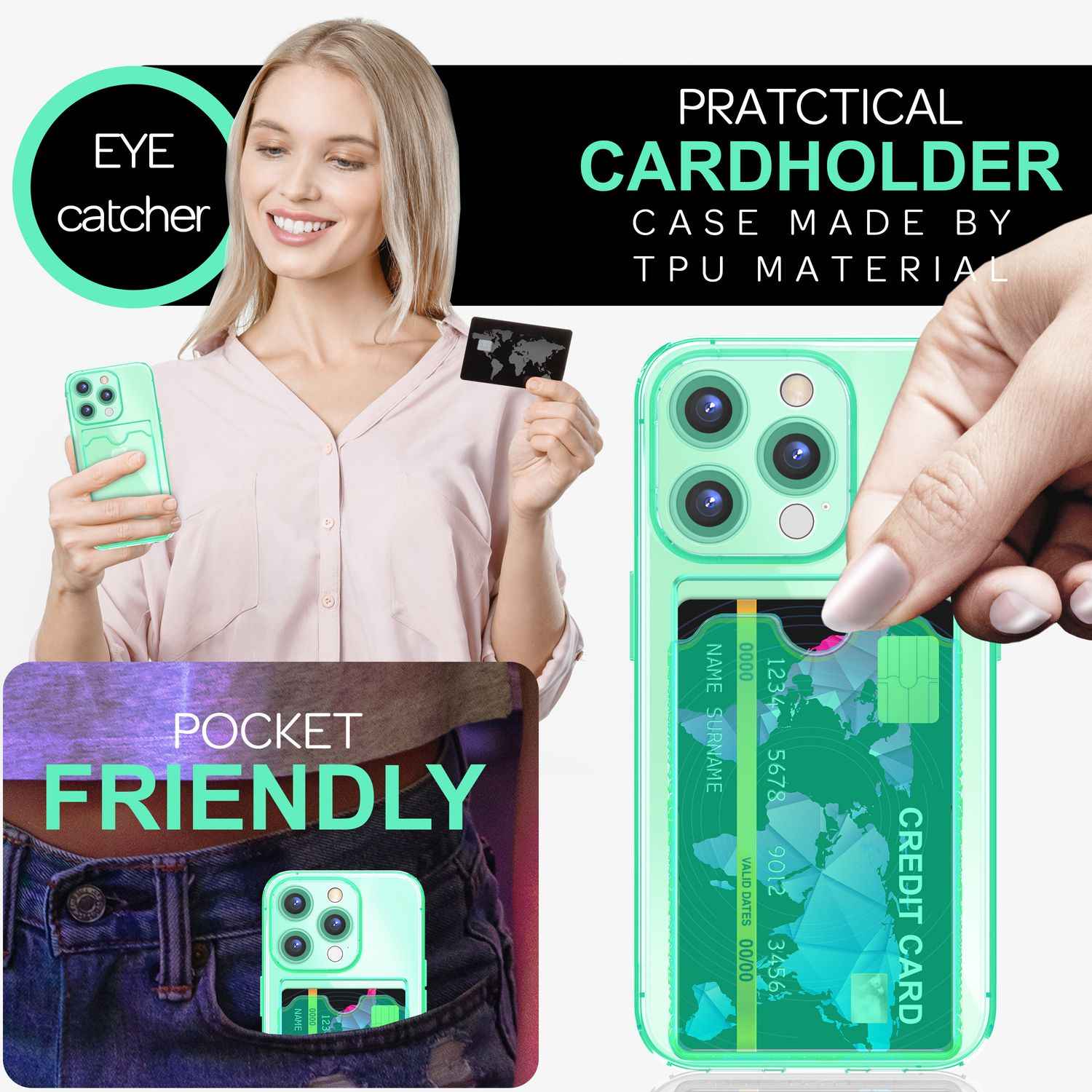 NALIA Klare Neon Hülle mit Kartenhalter für iPhone 16 Pro, Bunte Handyhülle mit Kartenfach, Silikon Durchsichtig
