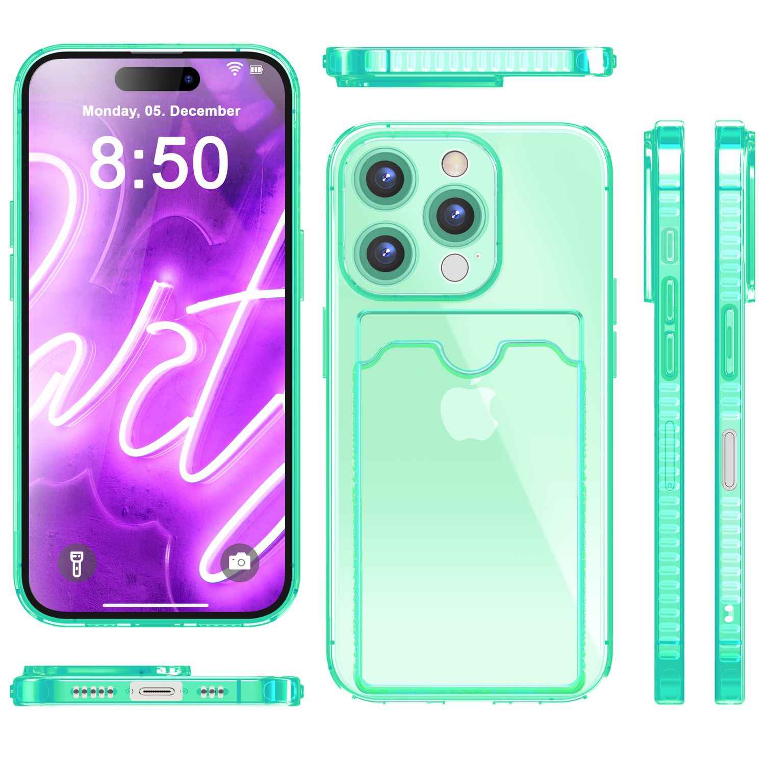 NALIA Klare Neon Hülle mit Kartenhalter für iPhone 16 Pro, Bunte Handyhülle mit Kartenfach, Silikon Durchsichtig