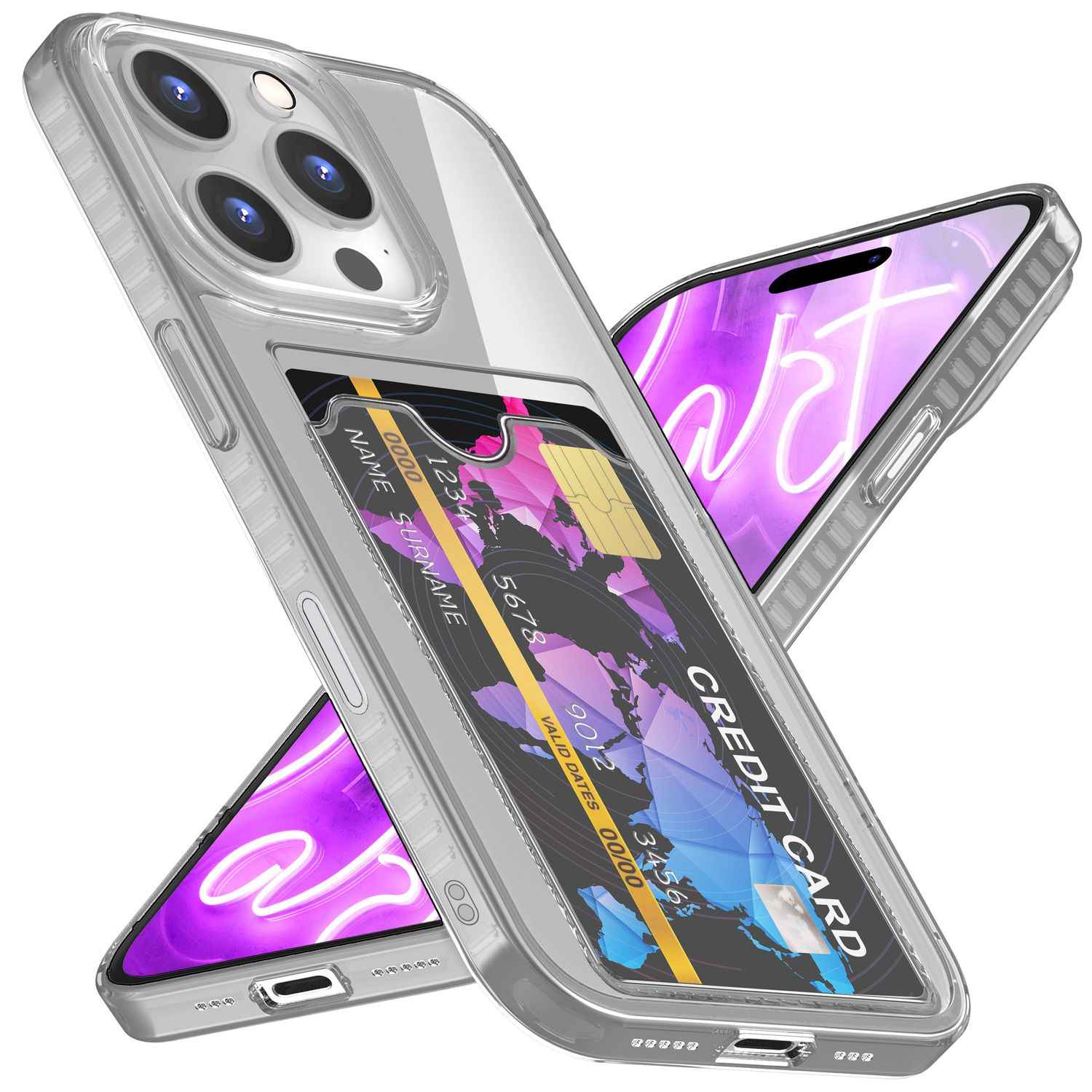 NALIA Klare Neon Hülle mit Kartenhalter für iPhone 16 Pro, Bunte Handyhülle mit Kartenfach, Silikon Durchsichtig