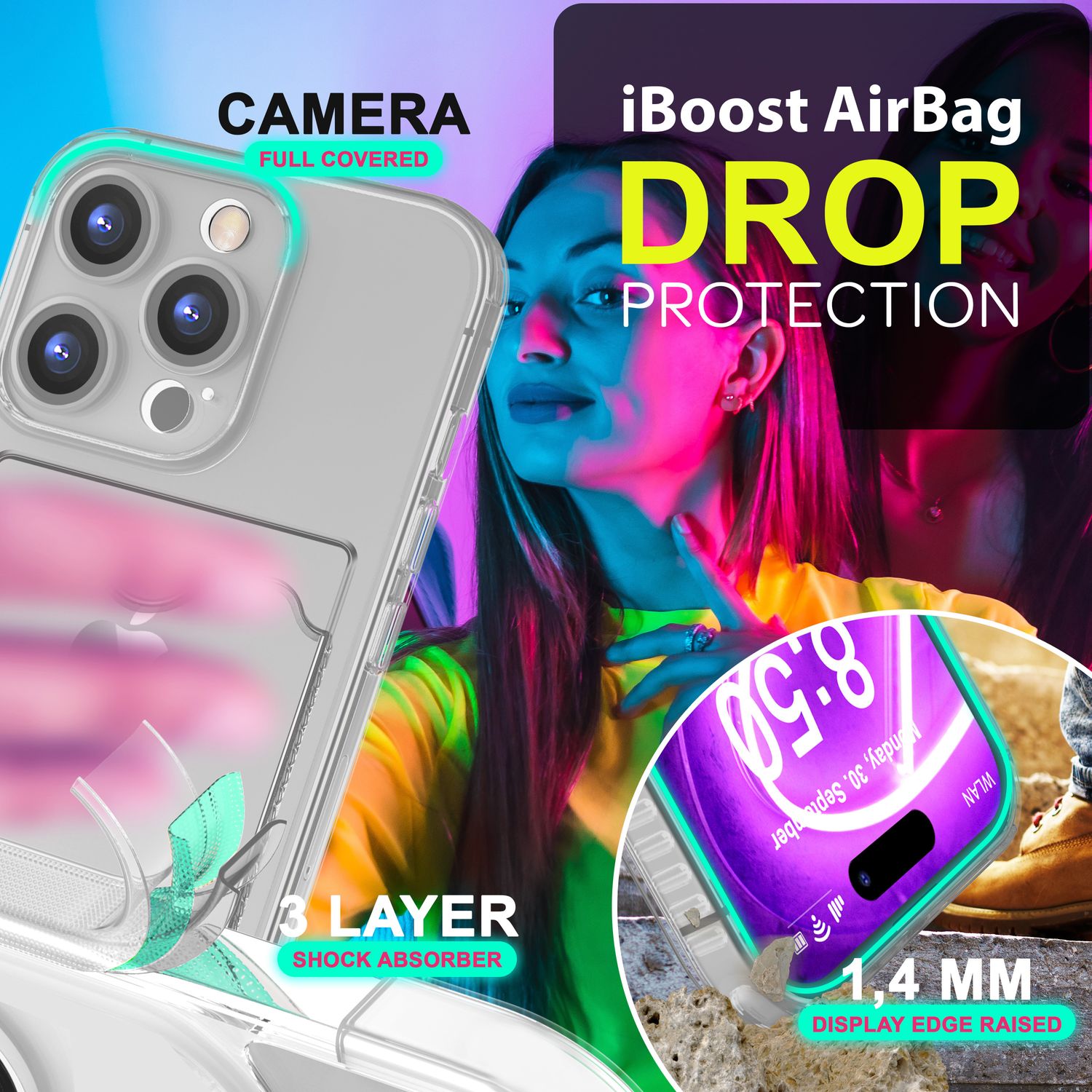 Handyhülle mit Kartenhalter TPU Neon durchsichtig für iPhone 16 Pro