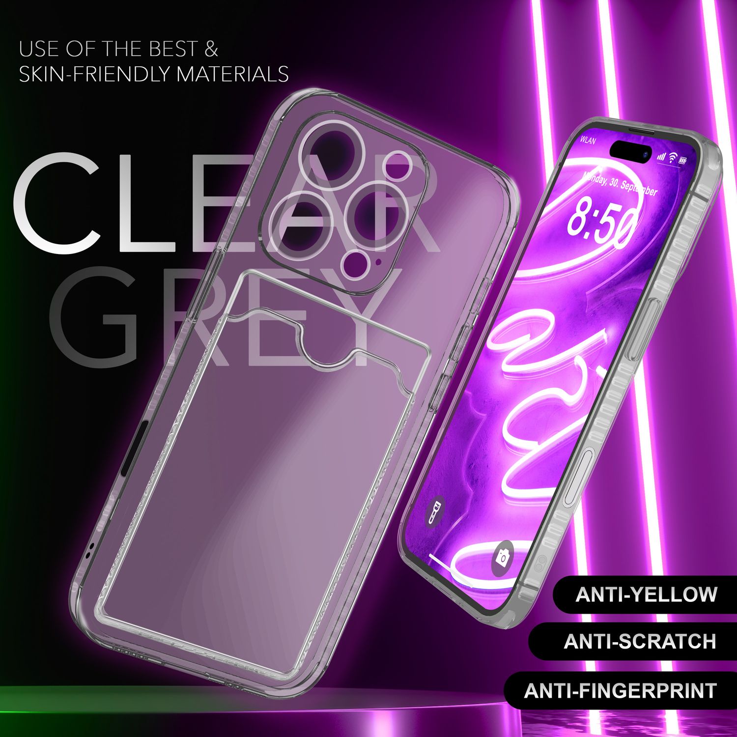 Handyhülle mit Kartenhalter TPU Neon durchsichtig für iPhone 16 Pro
