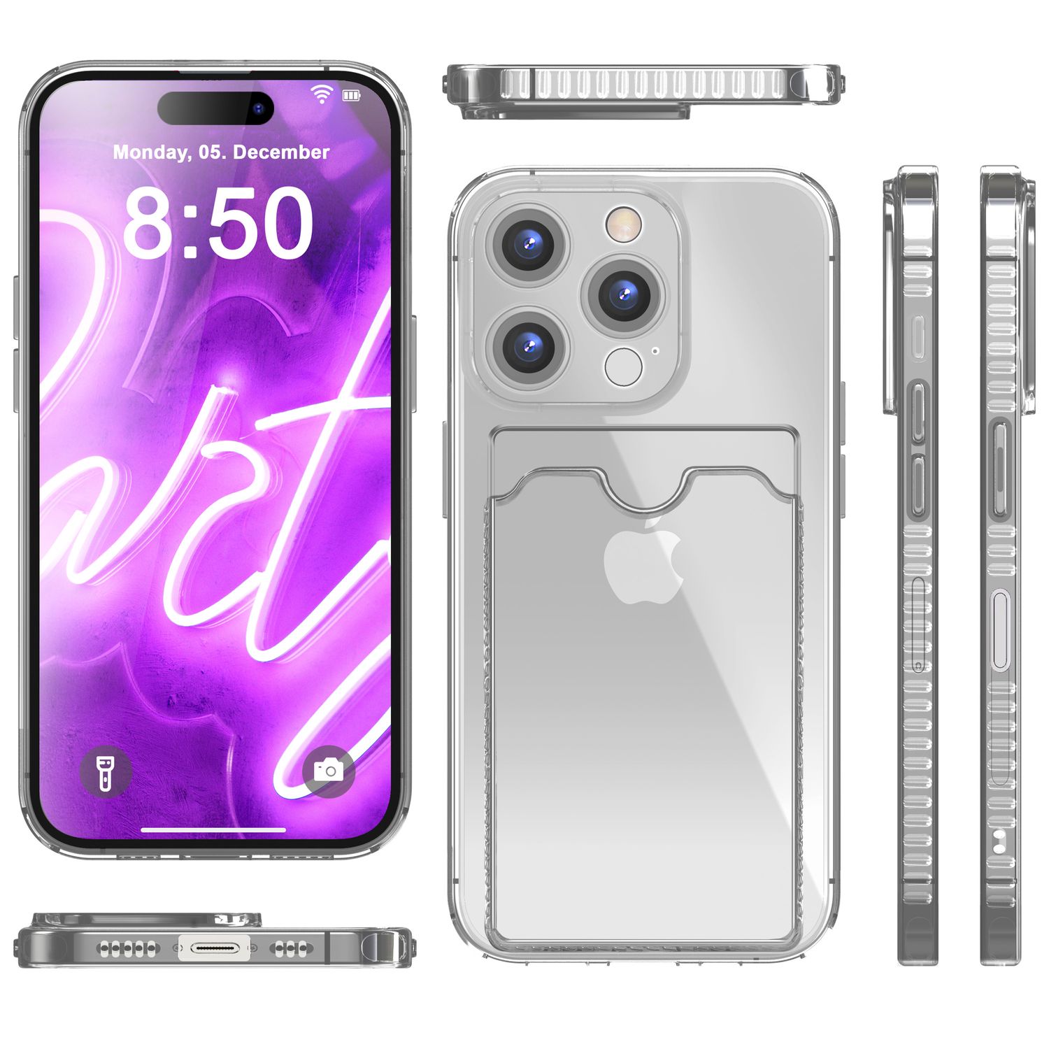 Handyhülle mit Kartenhalter TPU Neon durchsichtig für iPhone 16 Pro