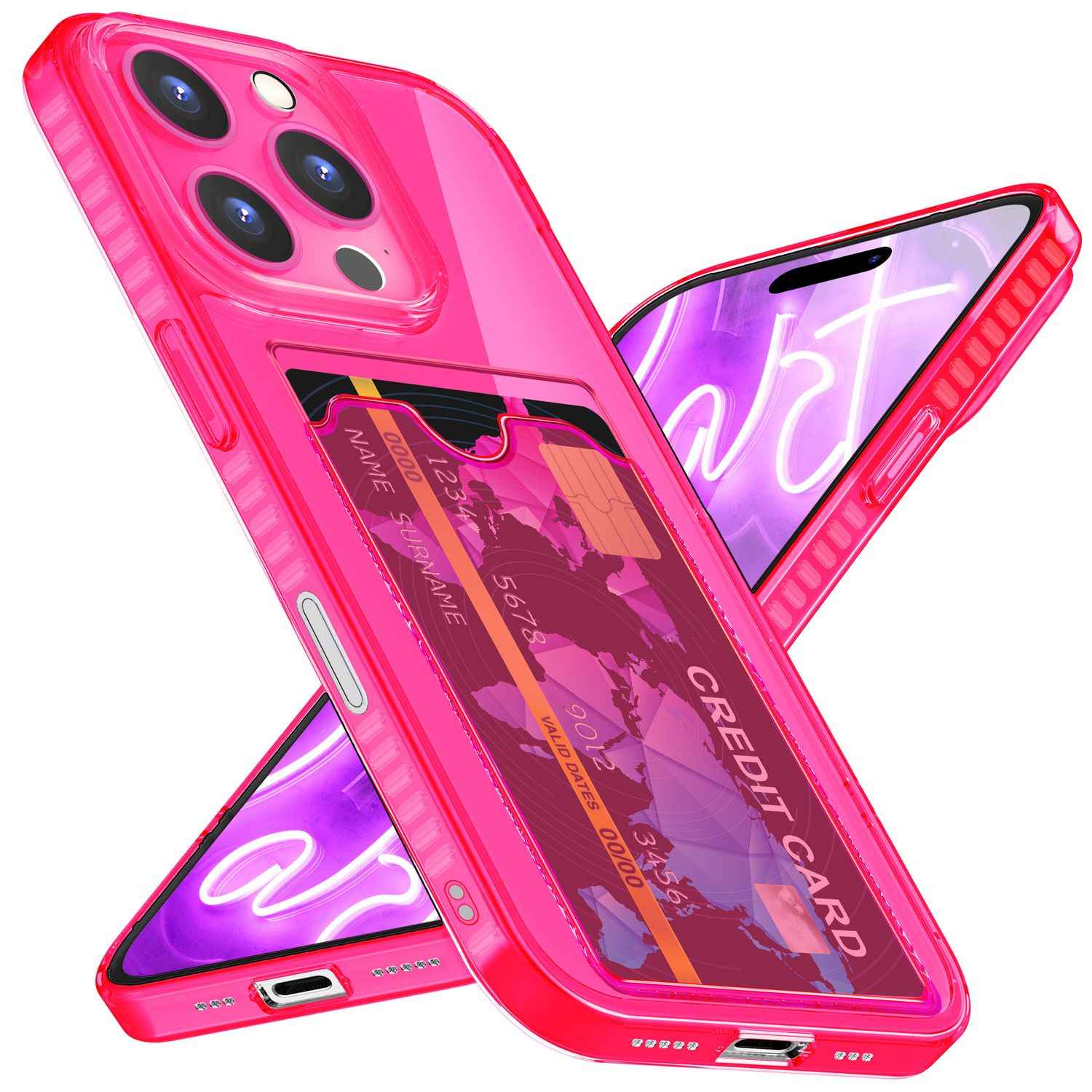 NALIA Klare Neon Hülle mit Kartenhalter für iPhone 16 Pro, Bunte Handyhülle mit Kartenfach, Silikon Durchsichtig
