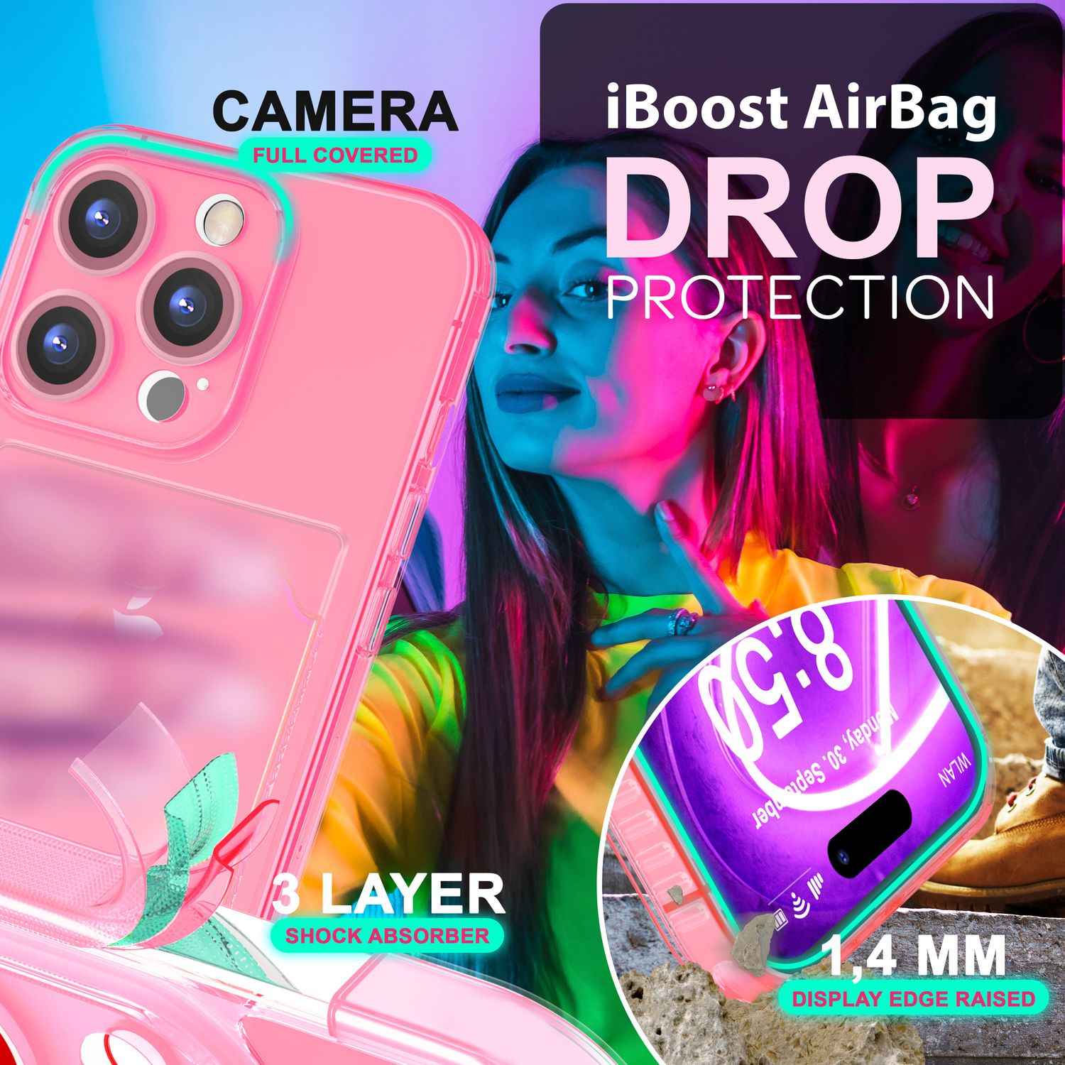 NALIA Klare Neon Hülle mit Kartenhalter für iPhone 16 Pro, Bunte Handyhülle mit Kartenfach, Silikon Durchsichtig