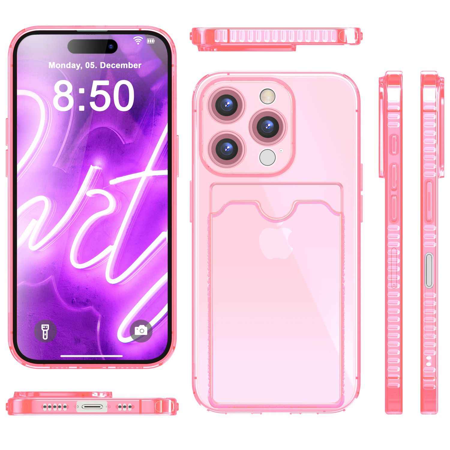 NALIA Klare Neon Hülle mit Kartenhalter für iPhone 16 Pro, Bunte Handyhülle mit Kartenfach, Silikon Durchsichtig