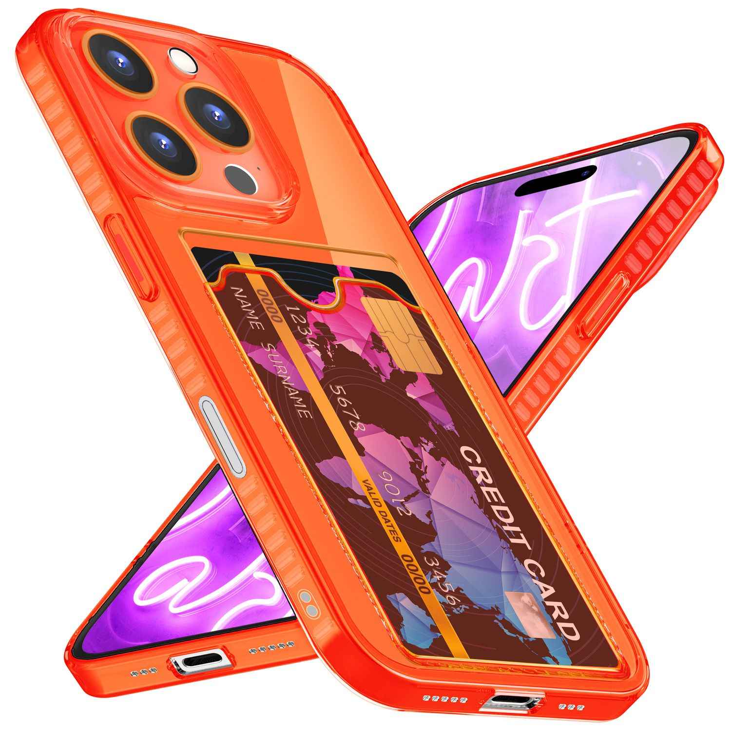 NALIA Klare Neon Hülle mit Kartenhalter für iPhone 16 Pro, Bunte Handyhülle mit Kartenfach, Silikon Durchsichtig