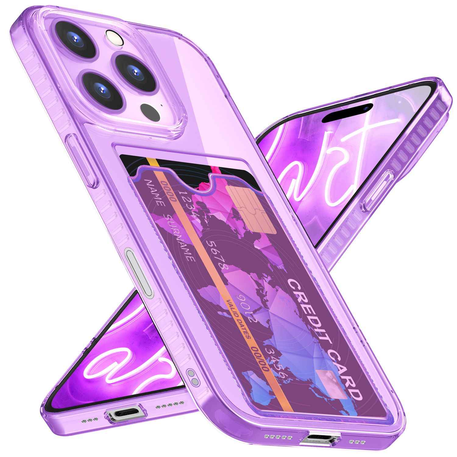 NALIA Klare Neon Hülle mit Kartenhalter für iPhone 16 Pro, Bunte Handyhülle mit Kartenfach, Silikon Durchsichtig