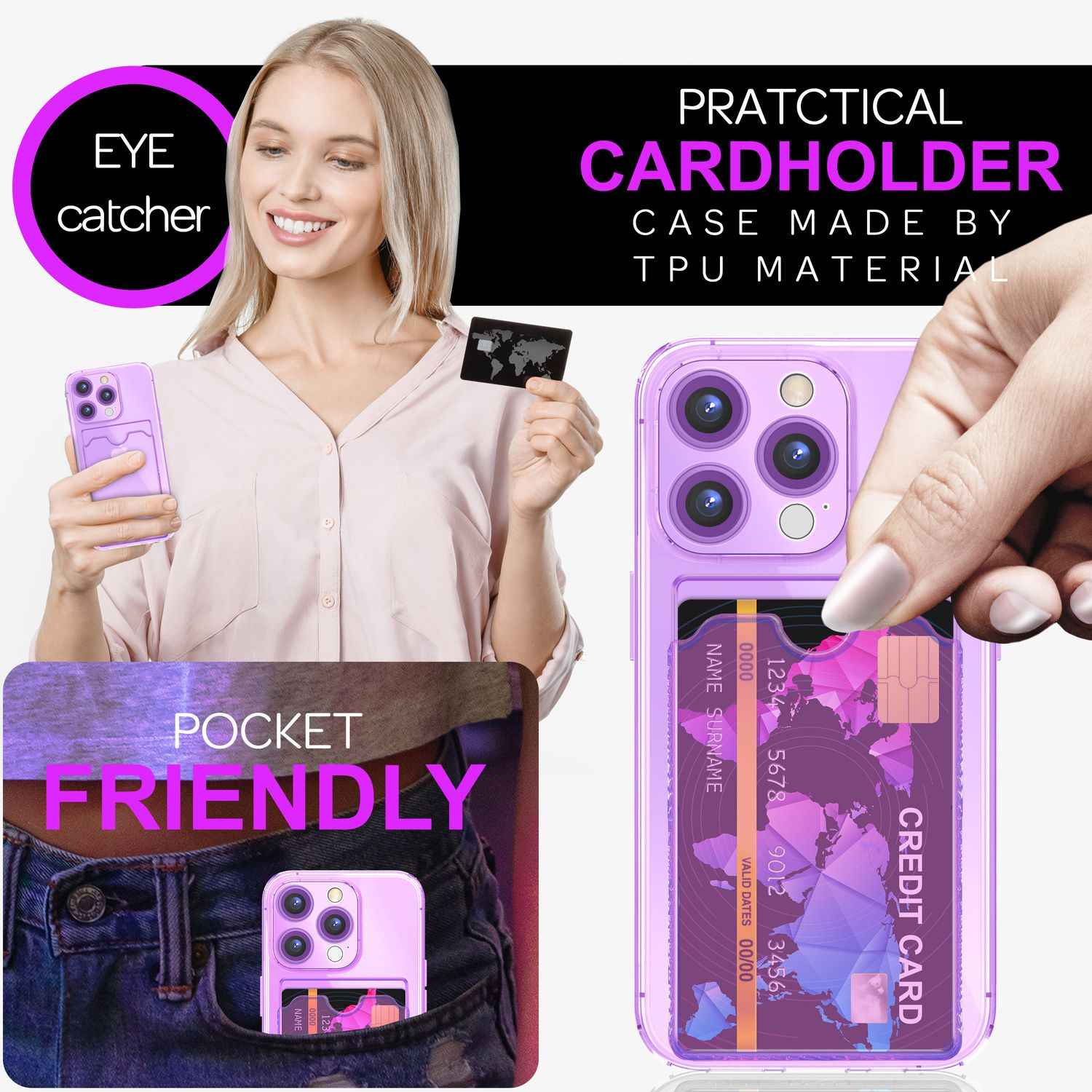 NALIA Klare Neon Hülle mit Kartenhalter für iPhone 16 Pro, Bunte Handyhülle mit Kartenfach, Silikon Durchsichtig