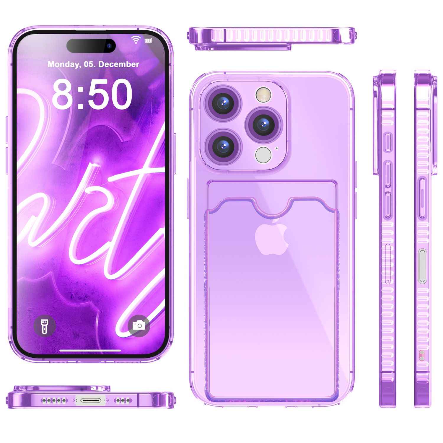 NALIA Klare Neon Hülle mit Kartenhalter für iPhone 16 Pro, Bunte Handyhülle mit Kartenfach, Silikon Durchsichtig