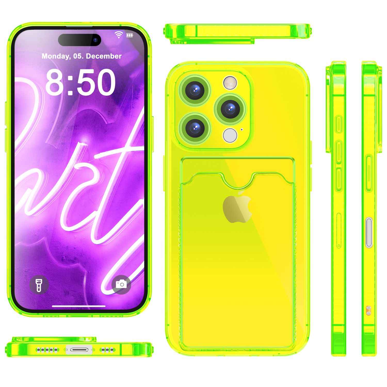 NALIA Klare Neon Hülle mit Kartenhalter für iPhone 16 Pro, Bunte Handyhülle mit Kartenfach, Silikon Durchsichtig