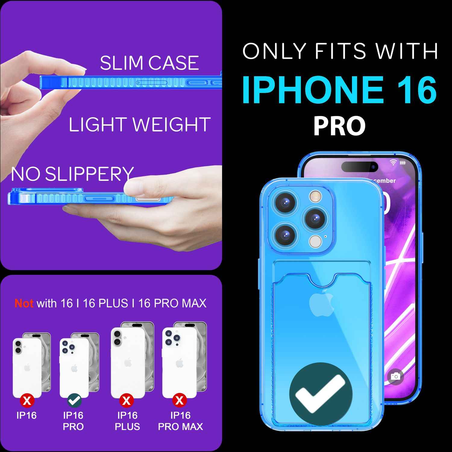 NALIA Klare Neon Hülle mit Kartenhalter für iPhone 16 Pro, Bunte Handyhülle mit Kartenfach, Silikon Durchsichtig
