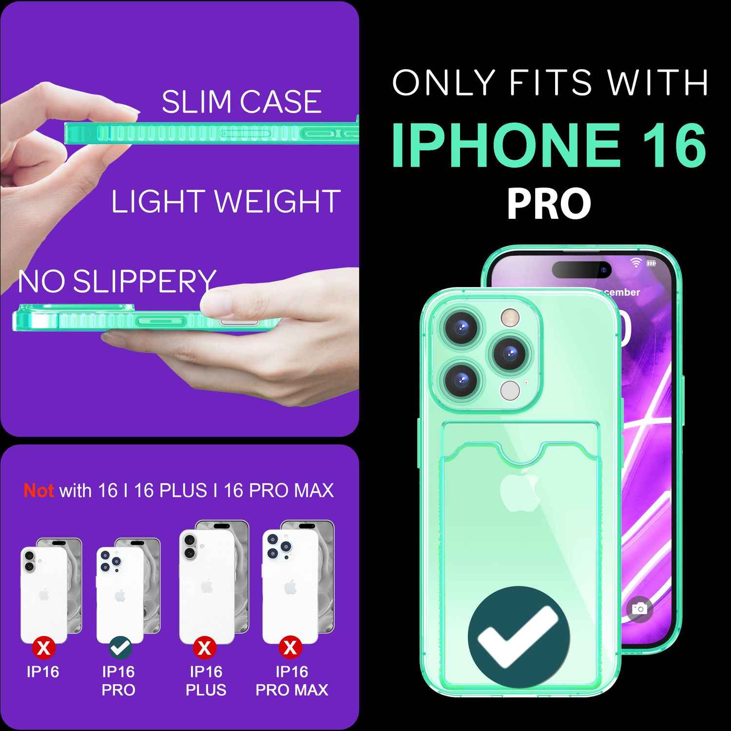 NALIA Klare Neon Hülle mit Kartenhalter für iPhone 16 Pro, Bunte Handyhülle mit Kartenfach, Silikon Durchsichtig