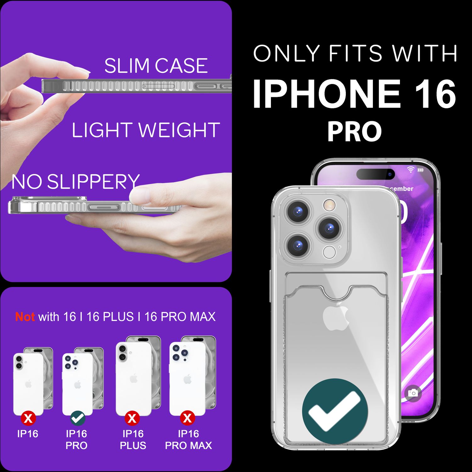 Handyhülle mit Kartenhalter TPU Neon durchsichtig für iPhone 16 Pro