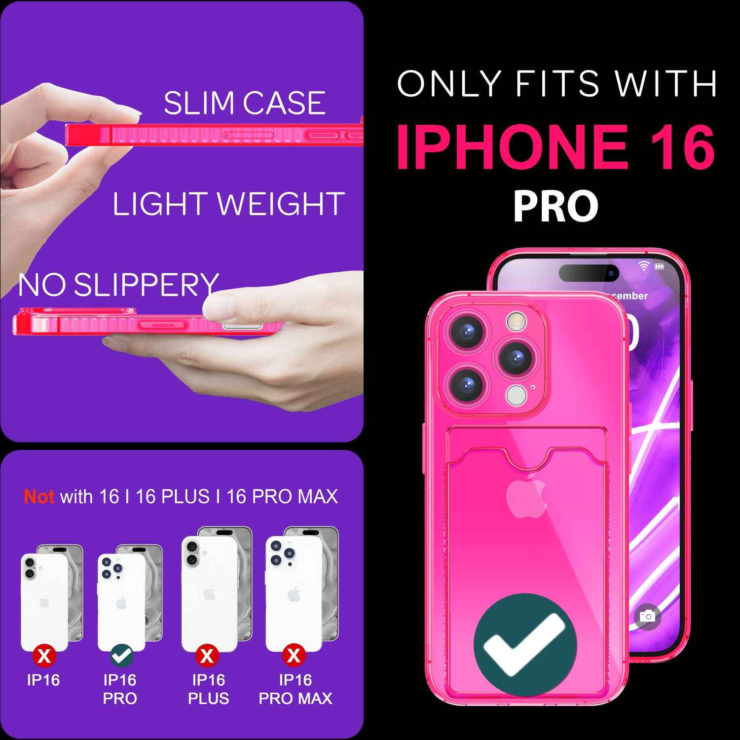 NALIA Klare Neon Hülle mit Kartenhalter für iPhone 16 Pro, Bunte Handyhülle mit Kartenfach, Silikon Durchsichtig