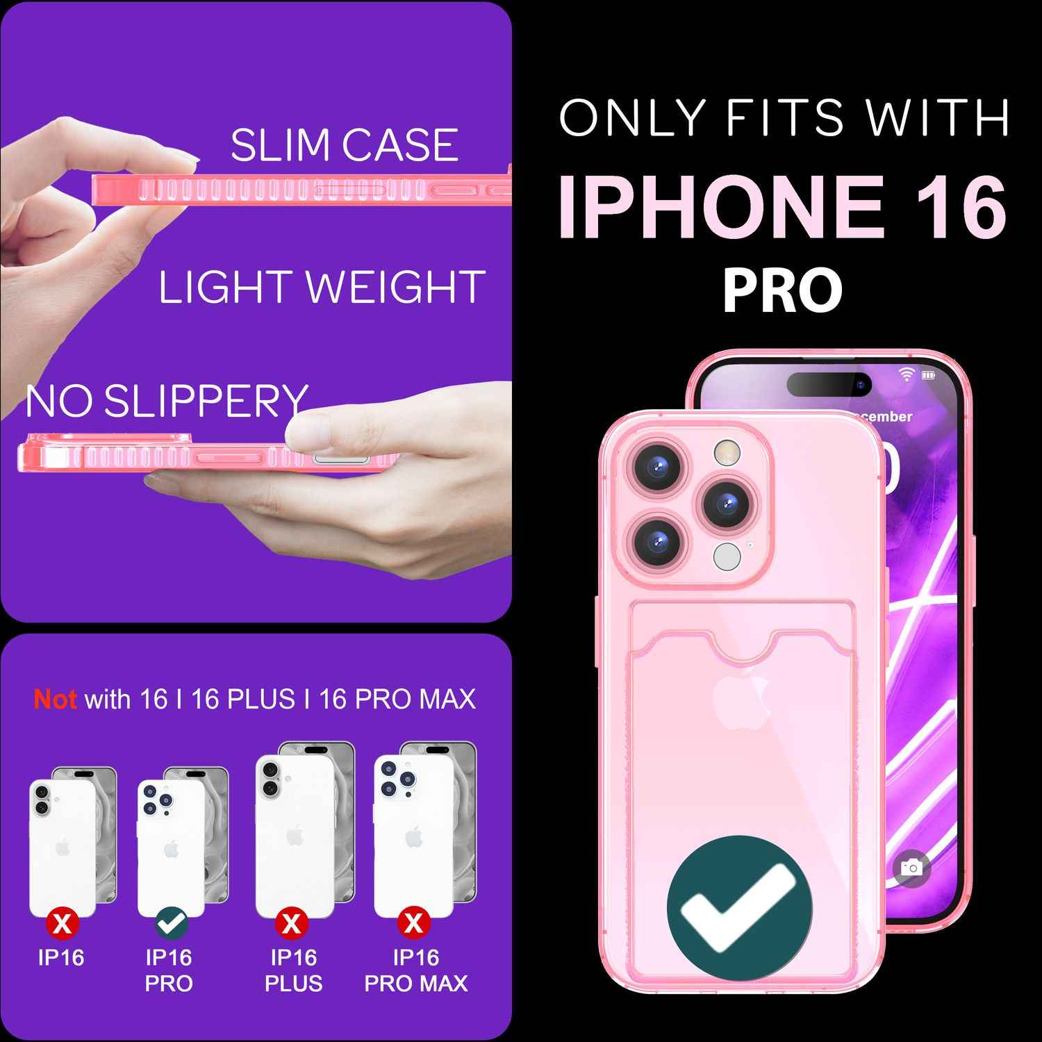 NALIA Klare Neon Hülle mit Kartenhalter für iPhone 16 Pro, Bunte Handyhülle mit Kartenfach, Silikon Durchsichtig