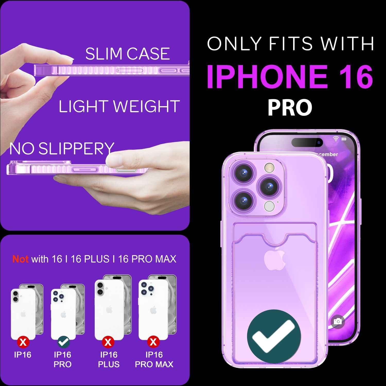 NALIA Klare Neon Hülle mit Kartenhalter für iPhone 16 Pro, Bunte Handyhülle mit Kartenfach, Silikon Durchsichtig