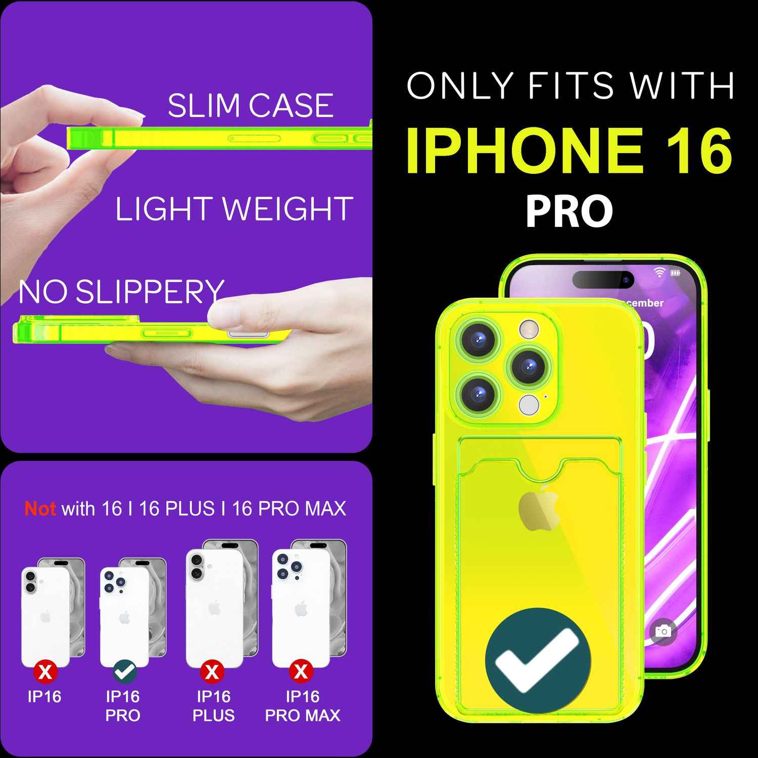 NALIA Klare Neon Hülle mit Kartenhalter für iPhone 16 Pro, Bunte Handyhülle mit Kartenfach, Silikon Durchsichtig