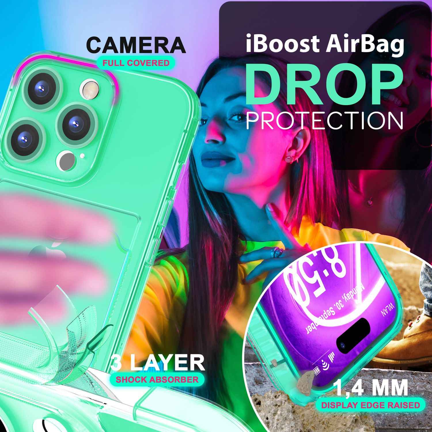 NALIA Klare Neon Hülle mit Kartenhalter für iPhone 16 Pro Max, Bunte Handyhülle mit Kartenfach, Durchsichtig