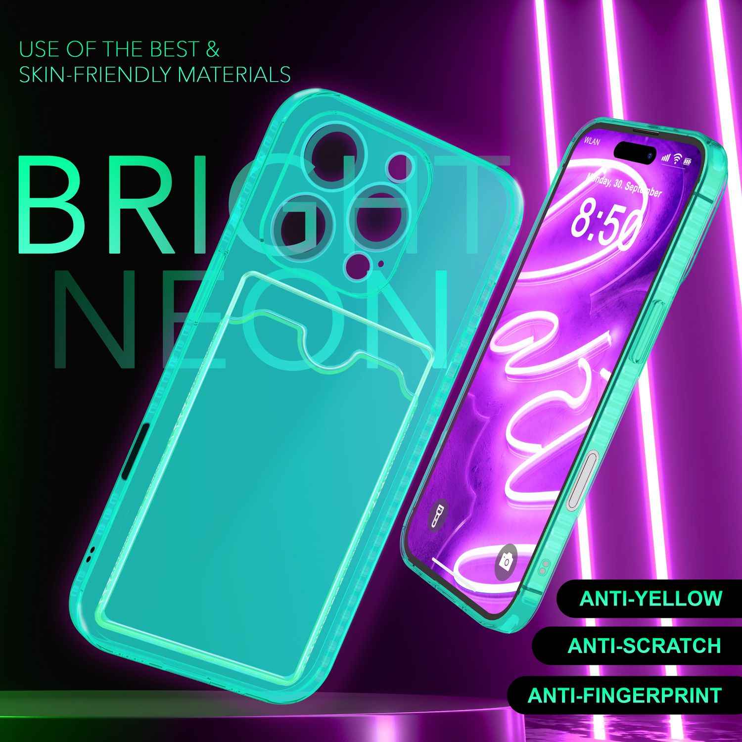 NALIA Klare Neon Hülle mit Kartenhalter für iPhone 16 Pro Max, Bunte Handyhülle mit Kartenfach, Durchsichtig