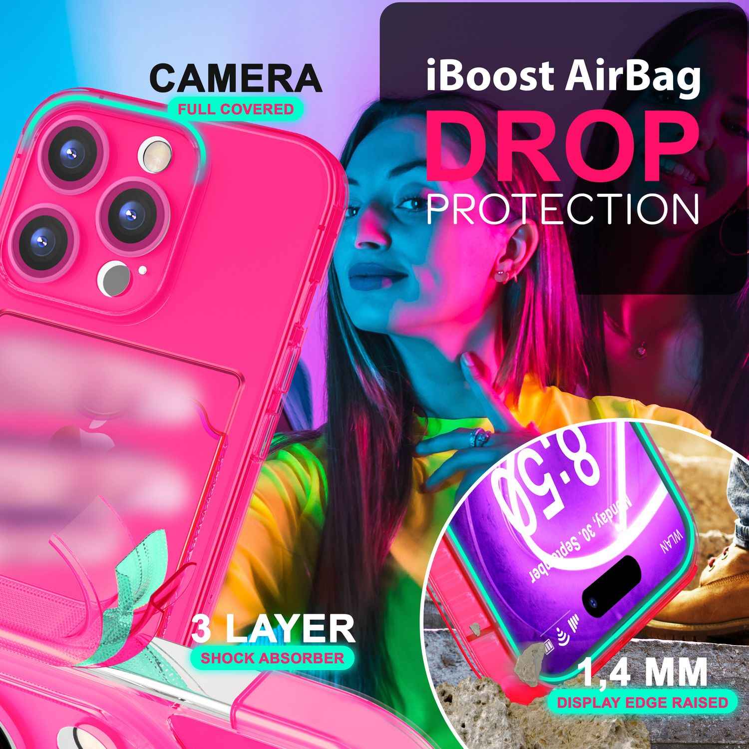 NALIA Klare Neon Hülle mit Kartenhalter für iPhone 16 Pro Max, Bunte Handyhülle mit Kartenfach, Durchsichtig