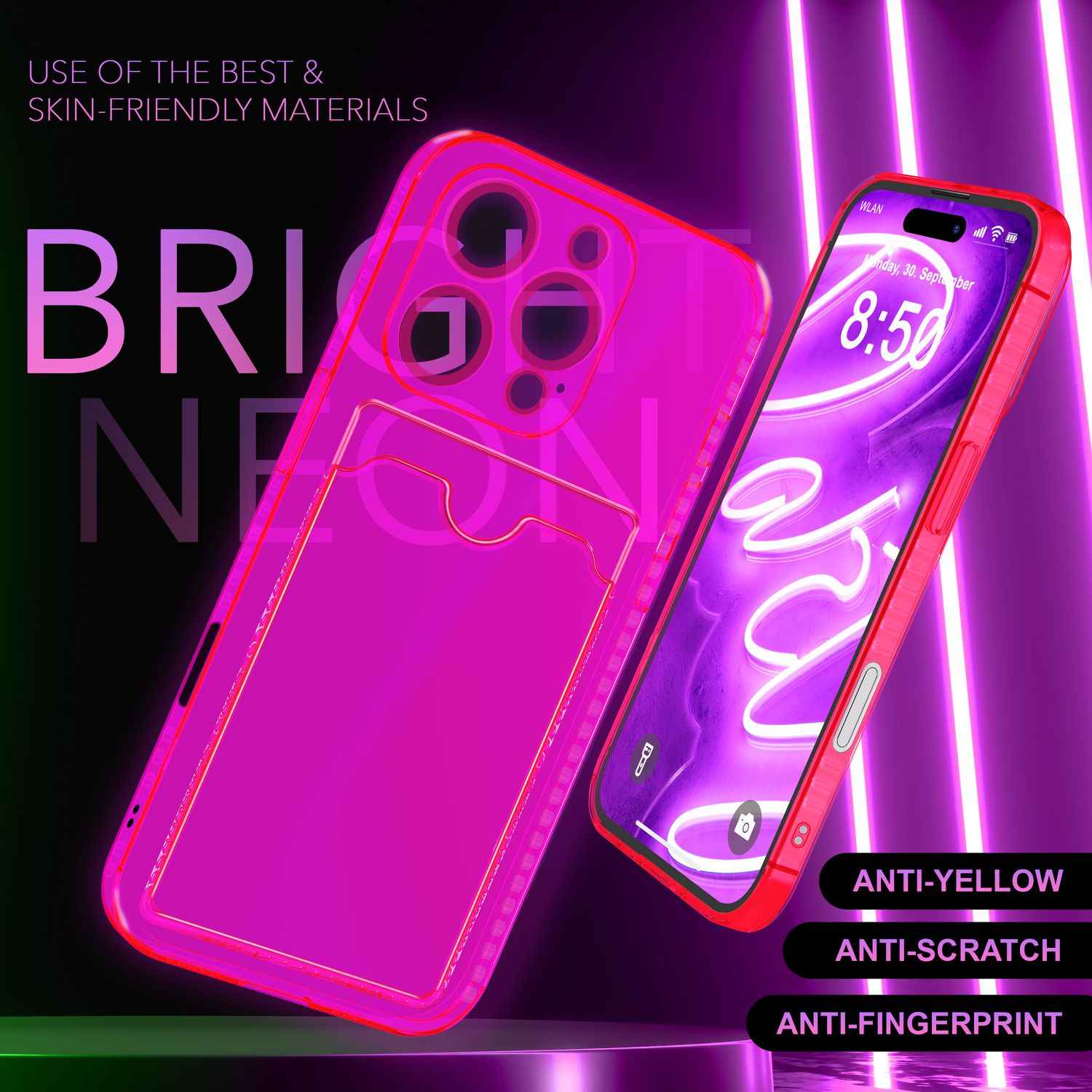 NALIA Klare Neon Hülle mit Kartenhalter für iPhone 16 Pro Max, Bunte Handyhülle mit Kartenfach, Durchsichtig