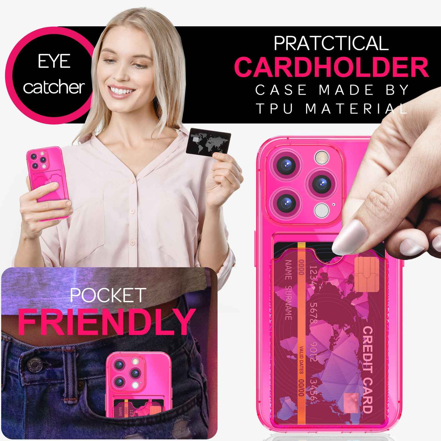 NALIA Klare Neon Hülle mit Kartenhalter für iPhone 16 Pro Max, Bunte Handyhülle mit Kartenfach, Durchsichtig