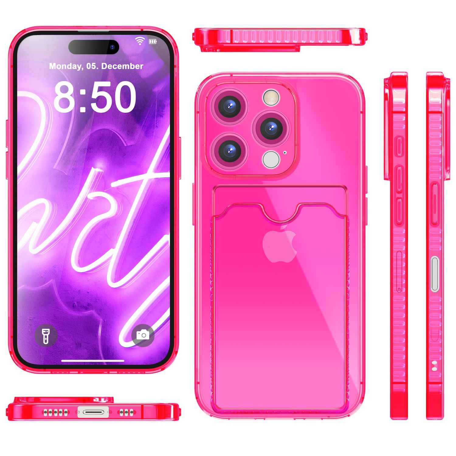 NALIA Klare Neon Hülle mit Kartenhalter für iPhone 16 Pro Max, Bunte Handyhülle mit Kartenfach, Durchsichtig