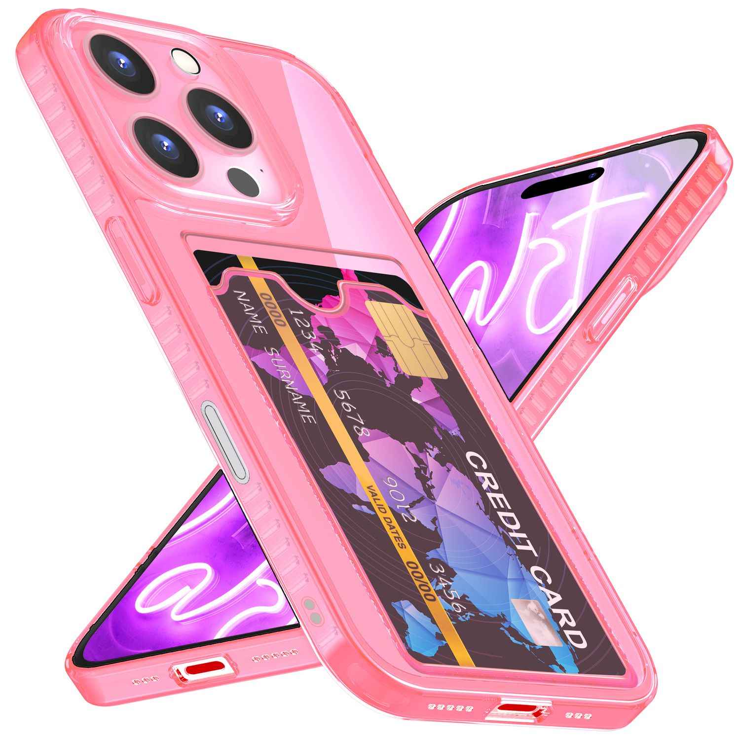 NALIA Klare Neon Hülle mit Kartenhalter für iPhone 16 Pro Max, Bunte Handyhülle mit Kartenfach, Durchsichtig