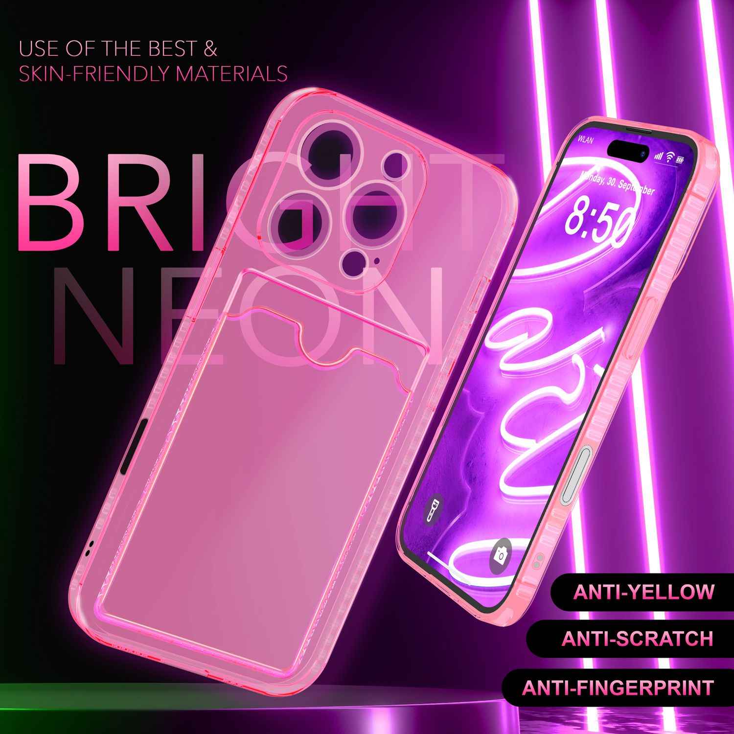 NALIA Klare Neon Hülle mit Kartenhalter für iPhone 16 Pro Max, Bunte Handyhülle mit Kartenfach, Durchsichtig