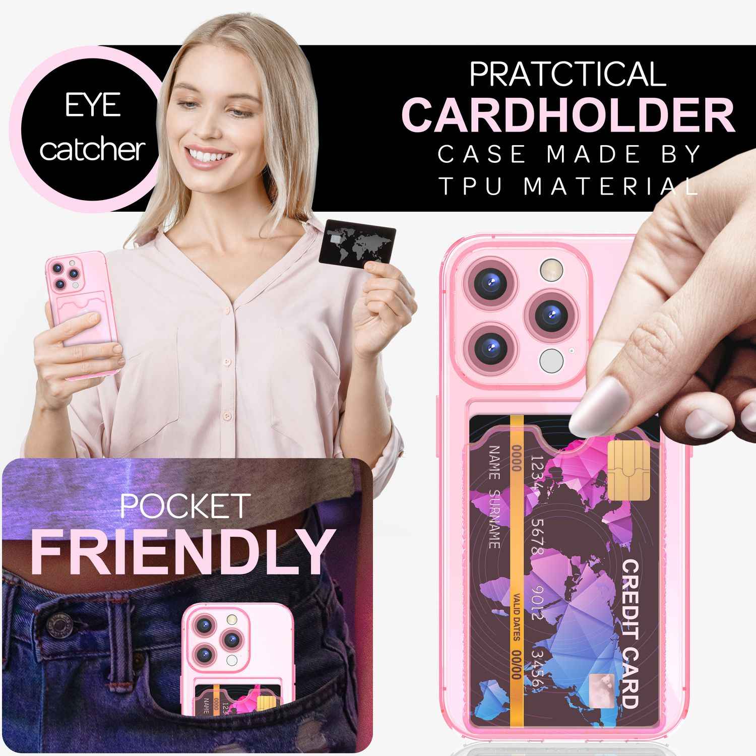 NALIA Klare Neon Hülle mit Kartenhalter für iPhone 16 Pro Max, Bunte Handyhülle mit Kartenfach, Durchsichtig