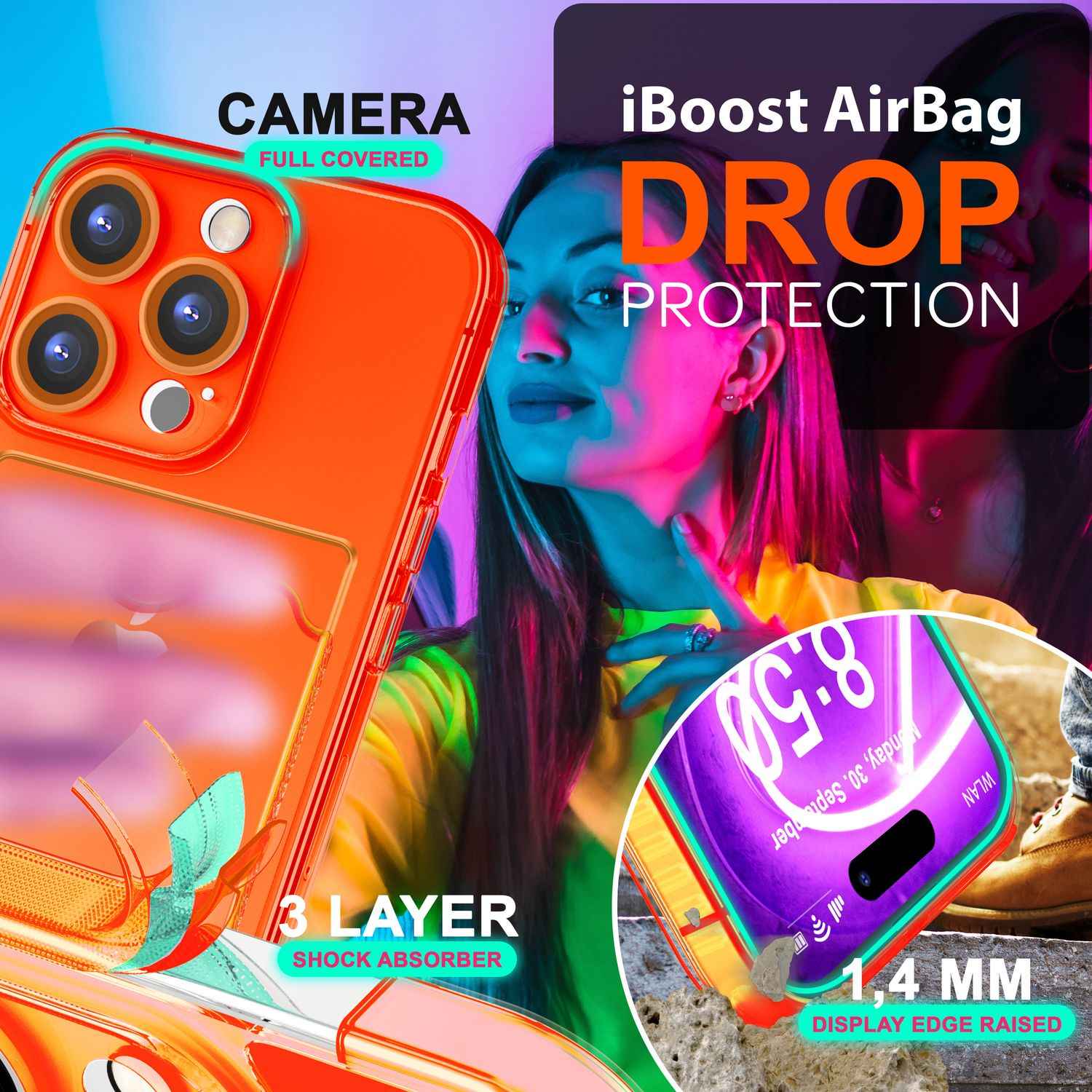 NALIA Klare Neon Hülle mit Kartenhalter für iPhone 16 Pro Max, Bunte Handyhülle mit Kartenfach, Durchsichtig