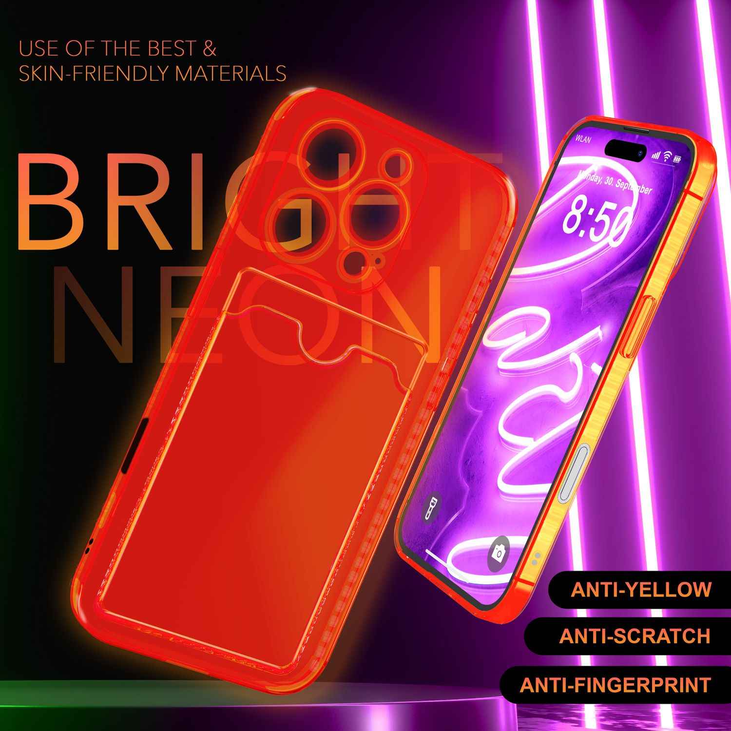NALIA Klare Neon Hülle mit Kartenhalter für iPhone 16 Pro Max, Bunte Handyhülle mit Kartenfach, Durchsichtig