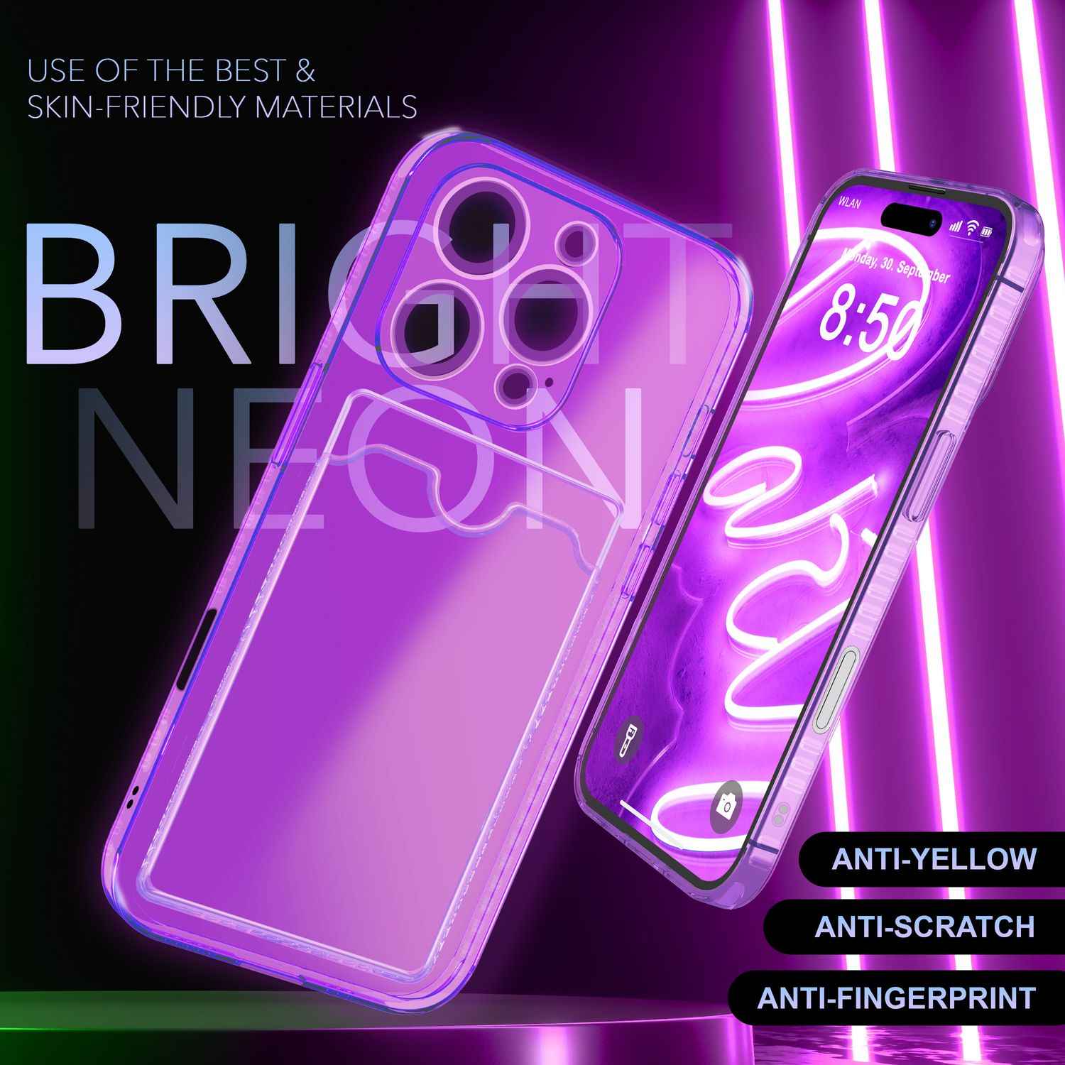 NALIA Klare Neon Hülle mit Kartenhalter für iPhone 16 Pro Max, Bunte Handyhülle mit Kartenfach, Durchsichtig