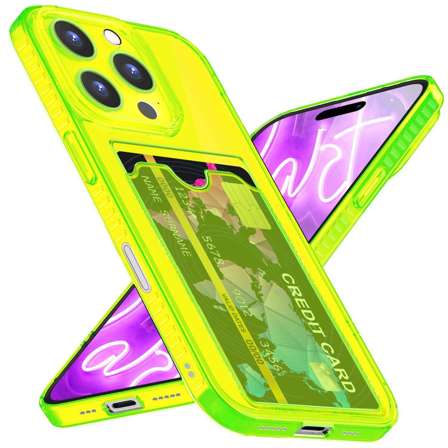 NALIA Klare Neon Hülle mit Kartenhalter für iPhone 16 Pro Max, Bunte Handyhülle mit Kartenfach, Durchsichtig