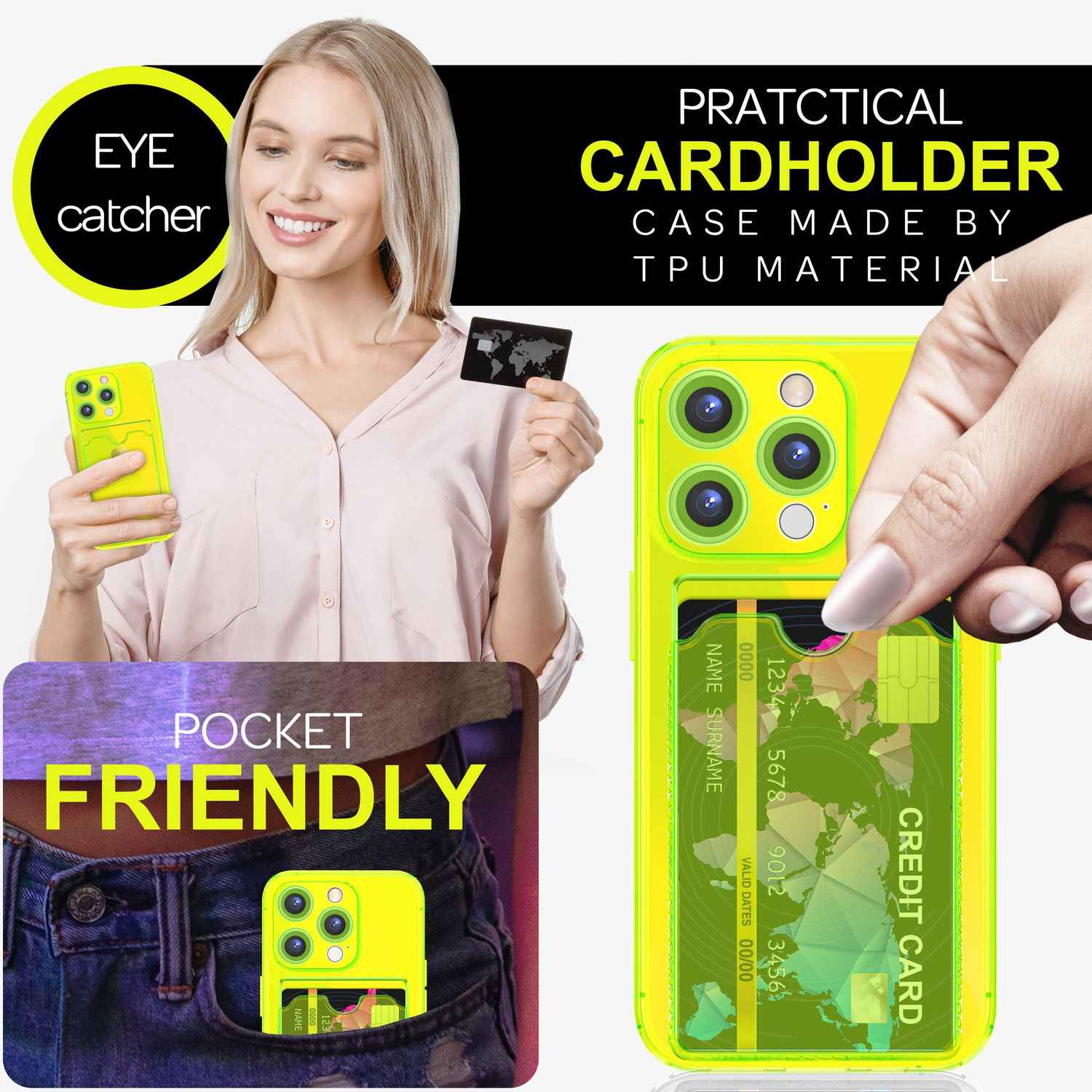 NALIA Klare Neon Hülle mit Kartenhalter für iPhone 16 Pro Max, Bunte Handyhülle mit Kartenfach, Durchsichtig