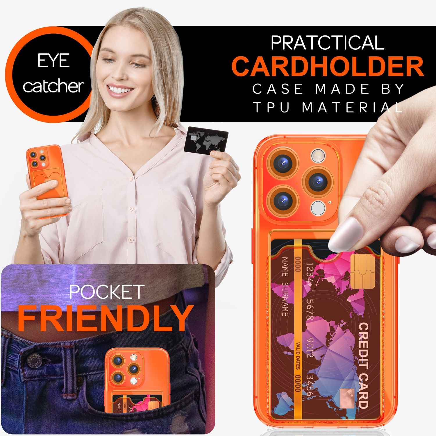 NALIA Klare Neon Hülle mit Kartenhalter für iPhone 16 Pro Max, Bunte Handyhülle mit Kartenfach, Durchsichtig