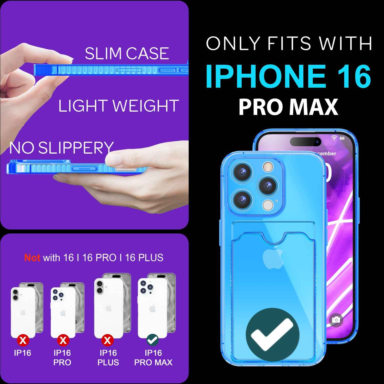 NALIA Klare Neon Hülle mit Kartenhalter für iPhone 16 Pro Max, Bunte Handyhülle mit Kartenfach, Durchsichtig