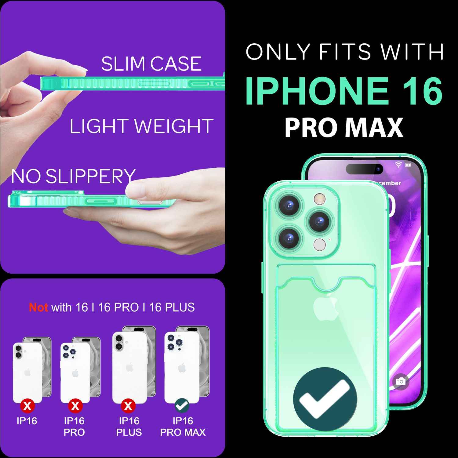 NALIA Klare Neon Hülle mit Kartenhalter für iPhone 16 Pro Max, Bunte Handyhülle mit Kartenfach, Durchsichtig