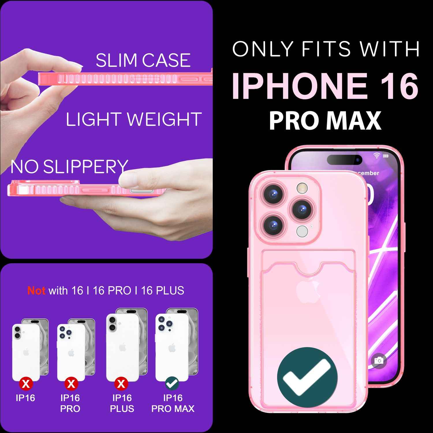 NALIA Klare Neon Hülle mit Kartenhalter für iPhone 16 Pro Max, Bunte Handyhülle mit Kartenfach, Durchsichtig