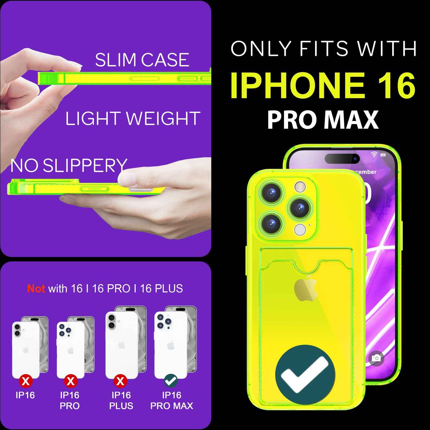 NALIA Klare Neon Hülle mit Kartenhalter für iPhone 16 Pro Max, Bunte Handyhülle mit Kartenfach, Durchsichtig