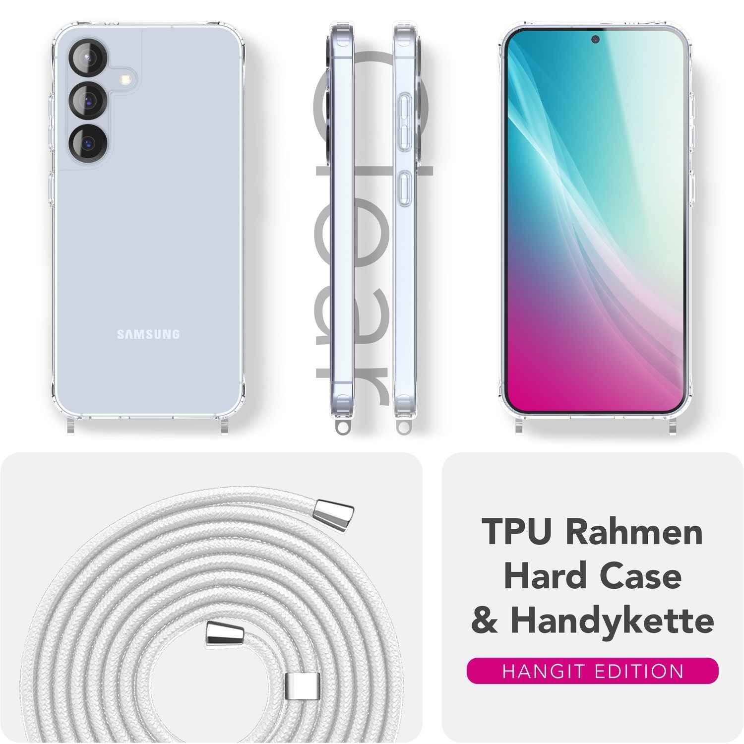 NALIA Hangit für Samsung Galaxy S25 Hülle, Klare Handyhülle mit Band, Transparente Verstellbare Umhängehülle, Crossbody Cover, Harte Schutzhülle mit Kette