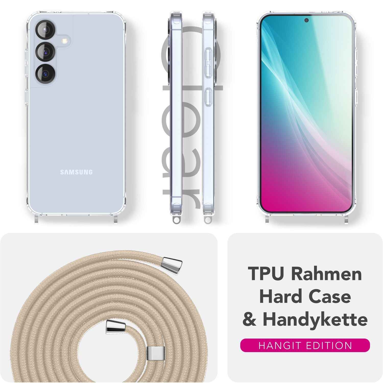 NALIA Hangit für Samsung Galaxy S25 Plus Hülle, Transparente Umhängehülle mit Verstellbarer Handykette, Harte Crossbody Schutzhülle, Klare Handyhülle mit Band