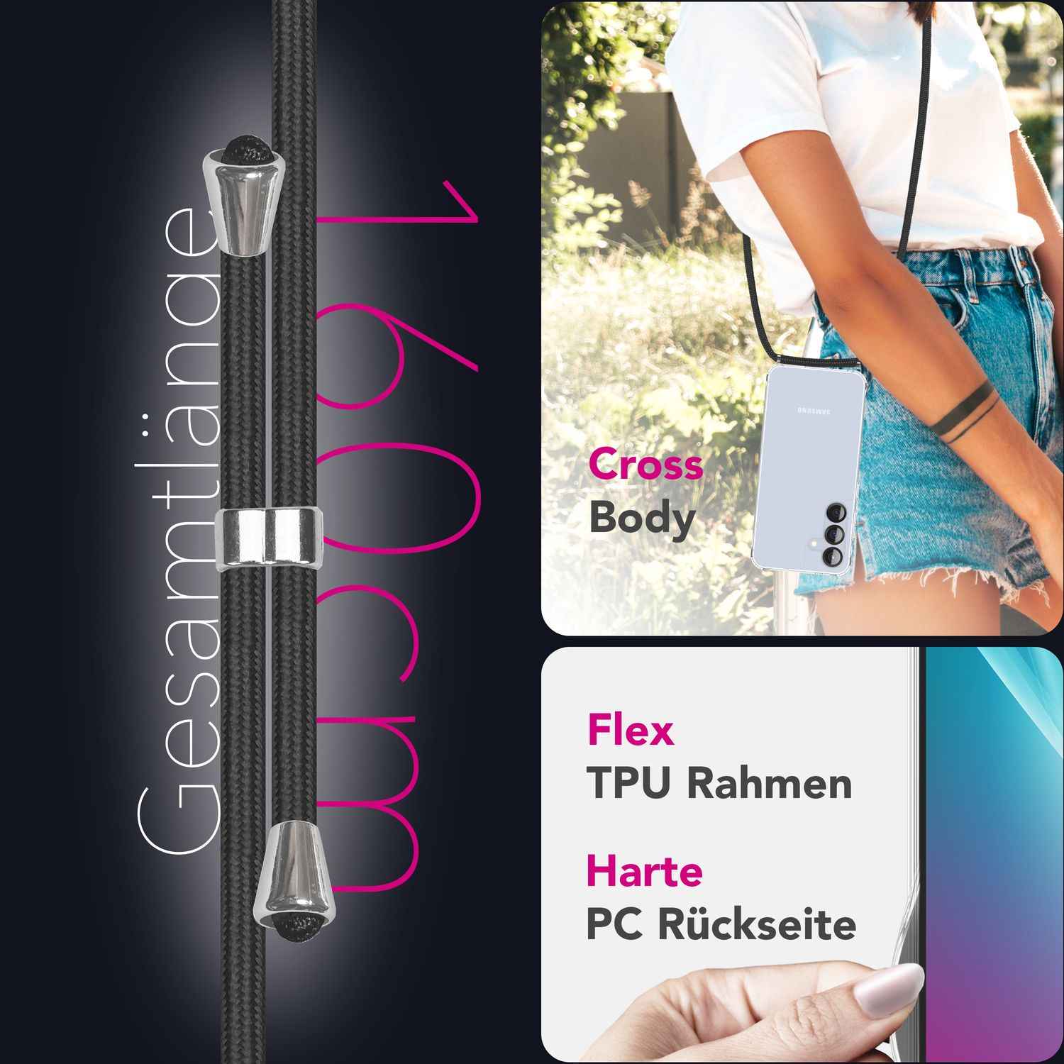 NALIA Hangit für Samsung Galaxy S25 Plus Hülle, Transparente Umhängehülle mit Verstellbarer Handykette, Harte Crossbody Schutzhülle, Klare Handyhülle mit Band