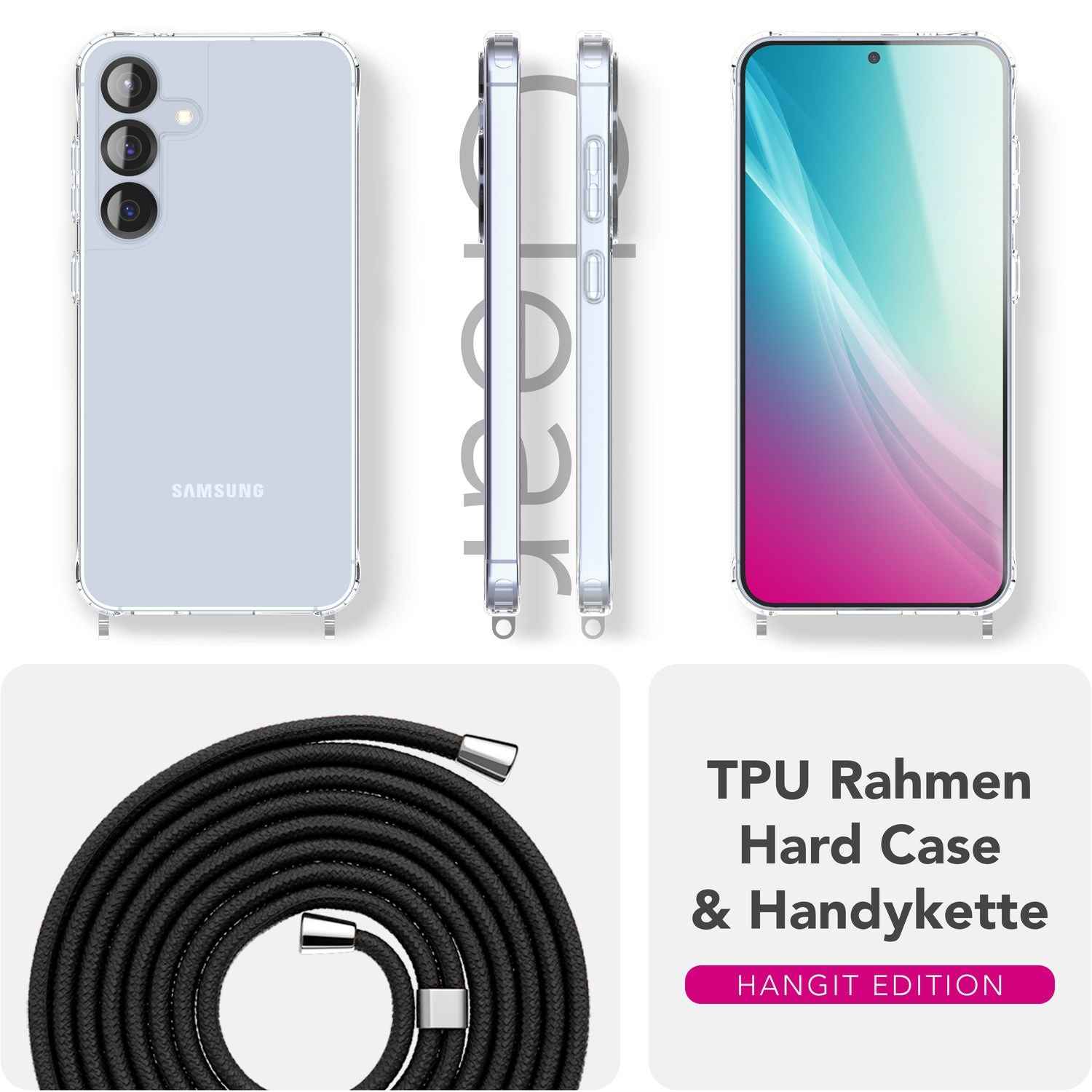 NALIA Hangit für Samsung Galaxy S25 Plus Hülle, Transparente Umhängehülle mit Verstellbarer Handykette, Harte Crossbody Schutzhülle, Klare Handyhülle mit Band