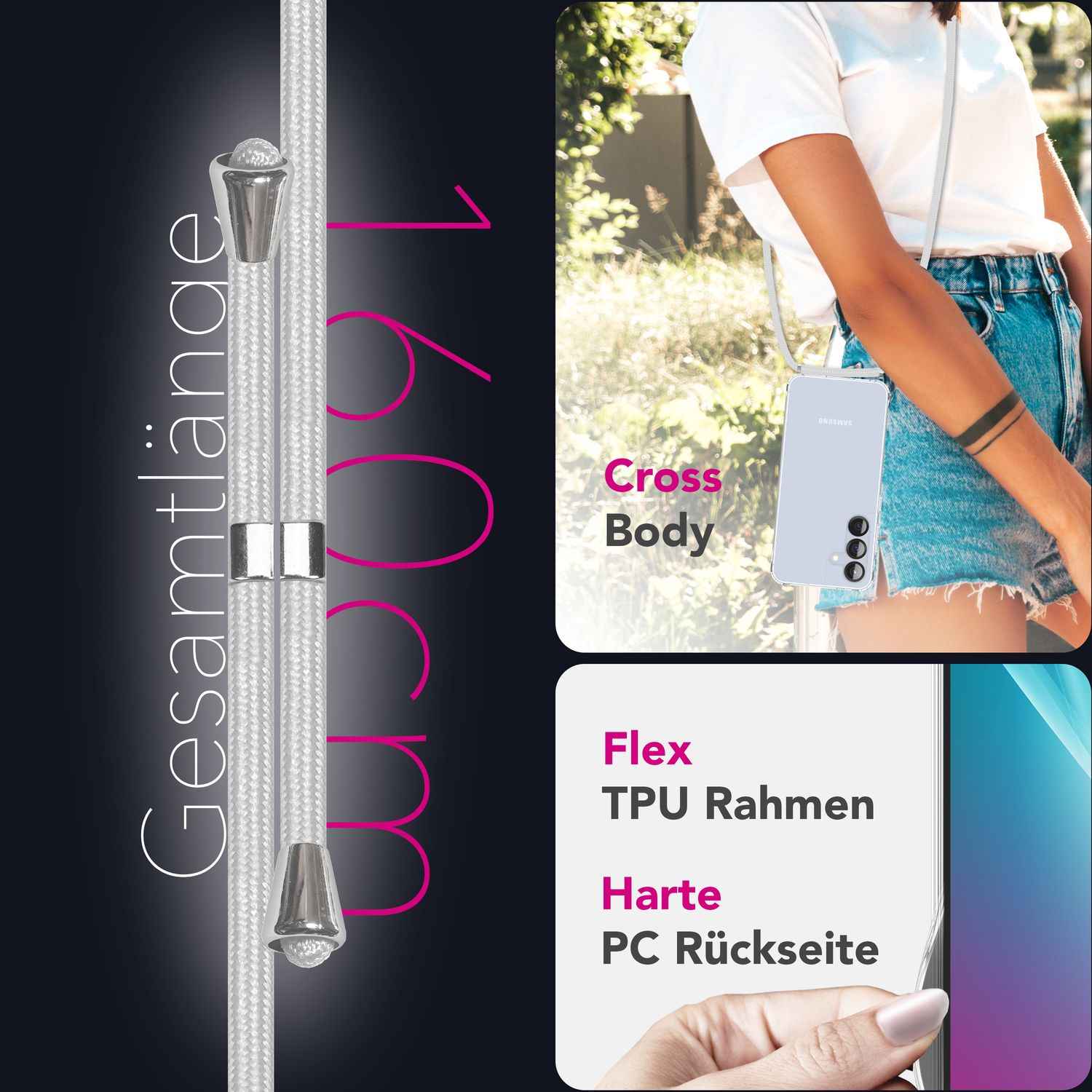 NALIA Hangit für Samsung Galaxy S25 Plus Hülle, Transparente Umhängehülle mit Verstellbarer Handykette, Harte Crossbody Schutzhülle, Klare Handyhülle mit Band