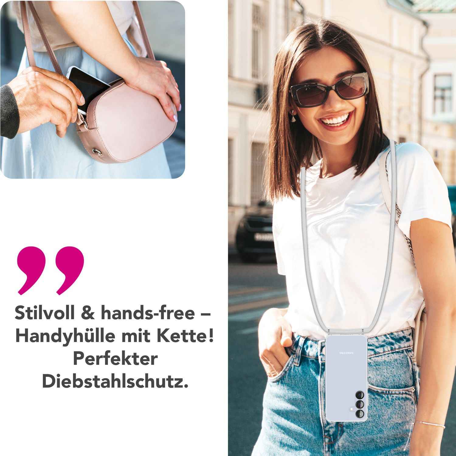 NALIA Hangit für Samsung Galaxy S25 Plus Hülle, Transparente Umhängehülle mit Verstellbarer Handykette, Harte Crossbody Schutzhülle, Klare Handyhülle mit Band