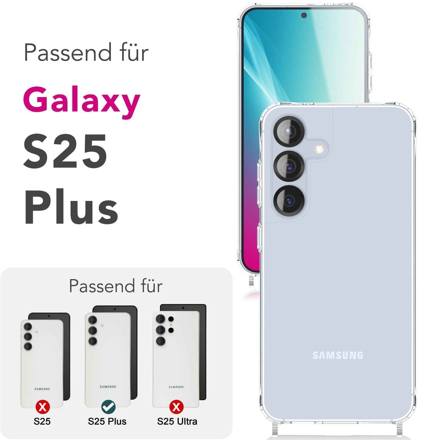 NALIA Hangit für Samsung Galaxy S25 Plus Hülle, Transparente Umhängehülle mit Verstellbarer Handykette, Harte Crossbody Schutzhülle, Klare Handyhülle mit Band