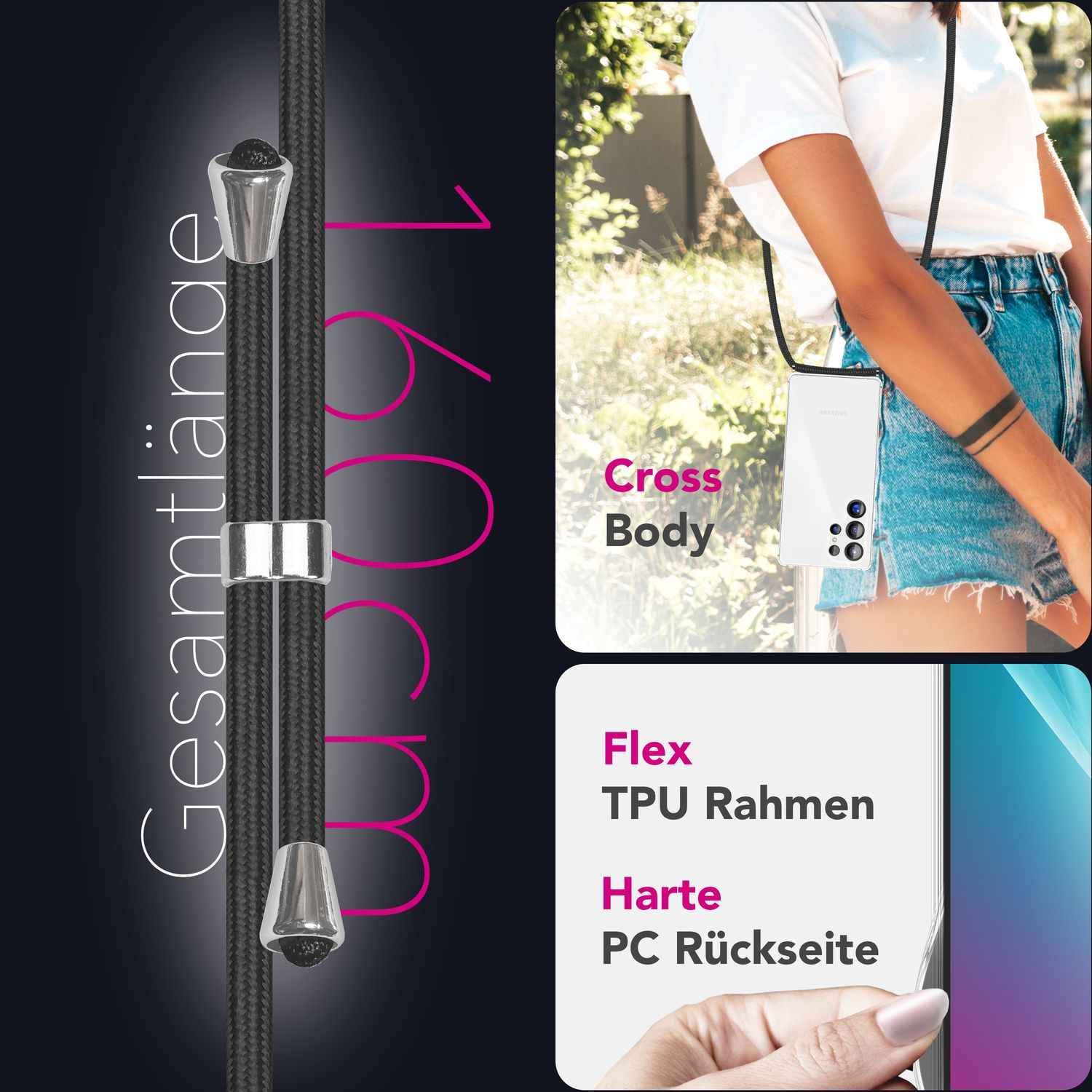 NALIA Hangit für Samsung Galaxy S25 Ultra Hülle, Verstellbare Crossbody Handyhülle mit Band zum Umhängen, Klare Schutzhülle mit Handykette, Verstärkte Bandhülle