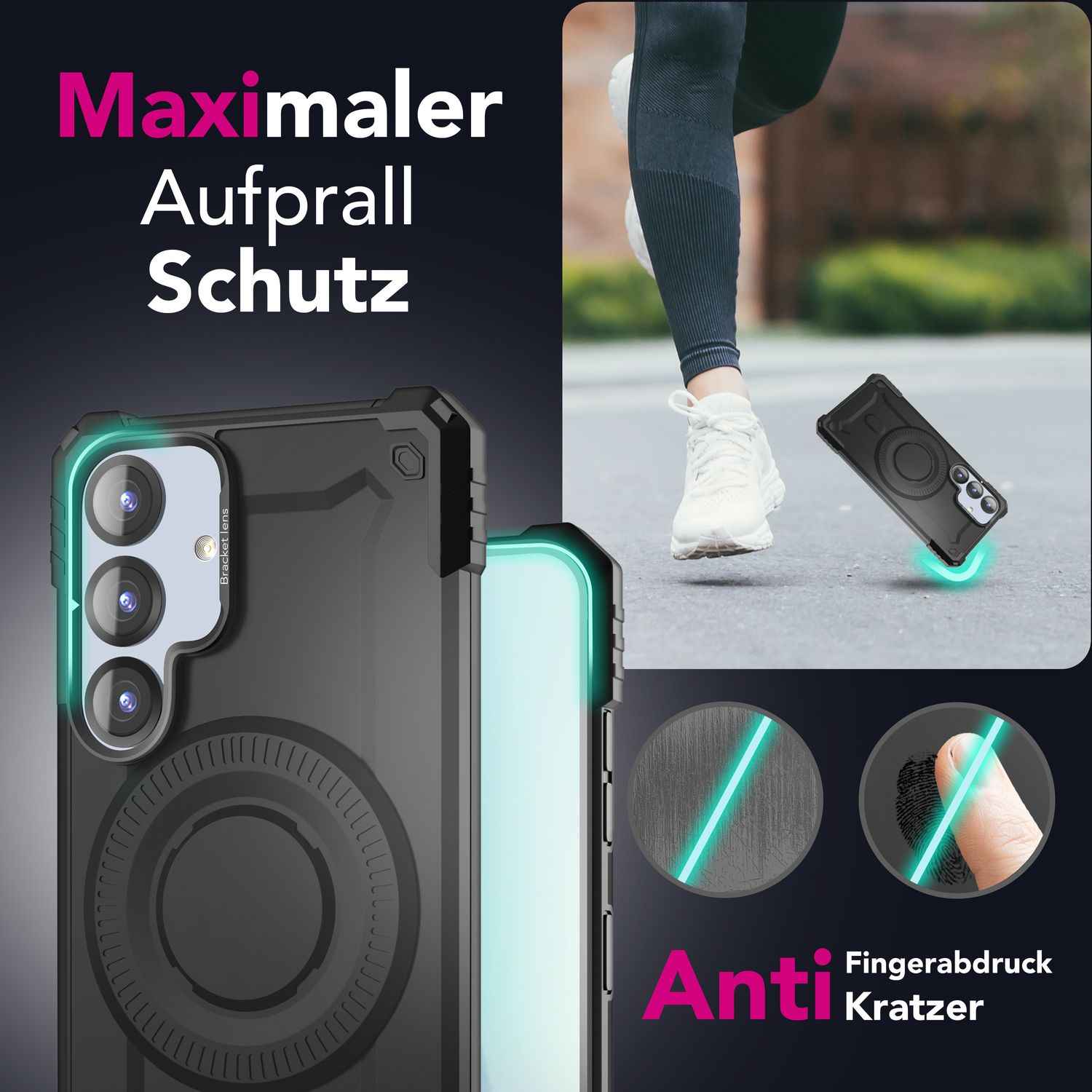 NALIA Granite für Samsung Galaxy S25 Plus Hülle für MagSafe, Armor Panzerhülle, Robuste Stoßfeste Schutzhülle im Militär-Stil, mit Kamera-Ständer, Magnet-Ring - Armor Titan Schwarz